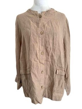 NWT Tahari XL Neutral Beige Mandarin Collar Button-Front Women's Shirt Jacket